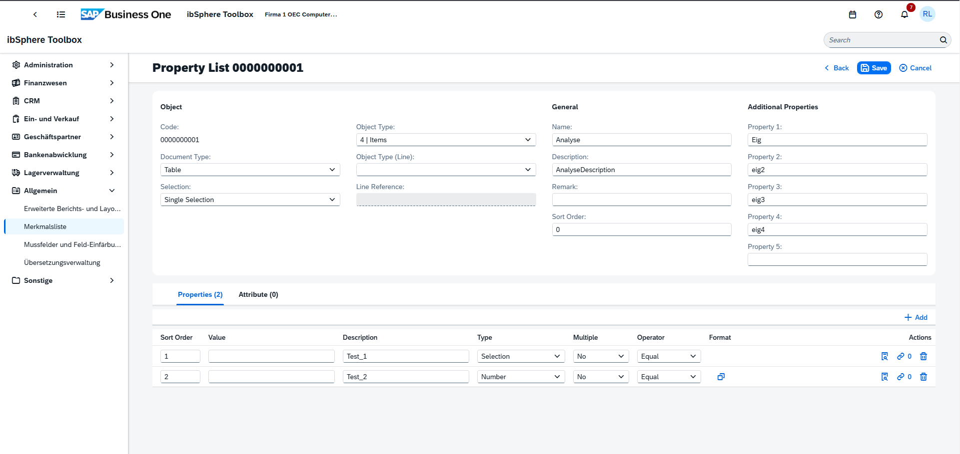 Property list configuration for SAP Business One items