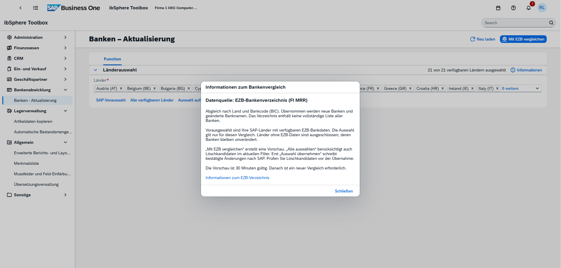 SAP Business One bank data comparison with the ECB bank directory