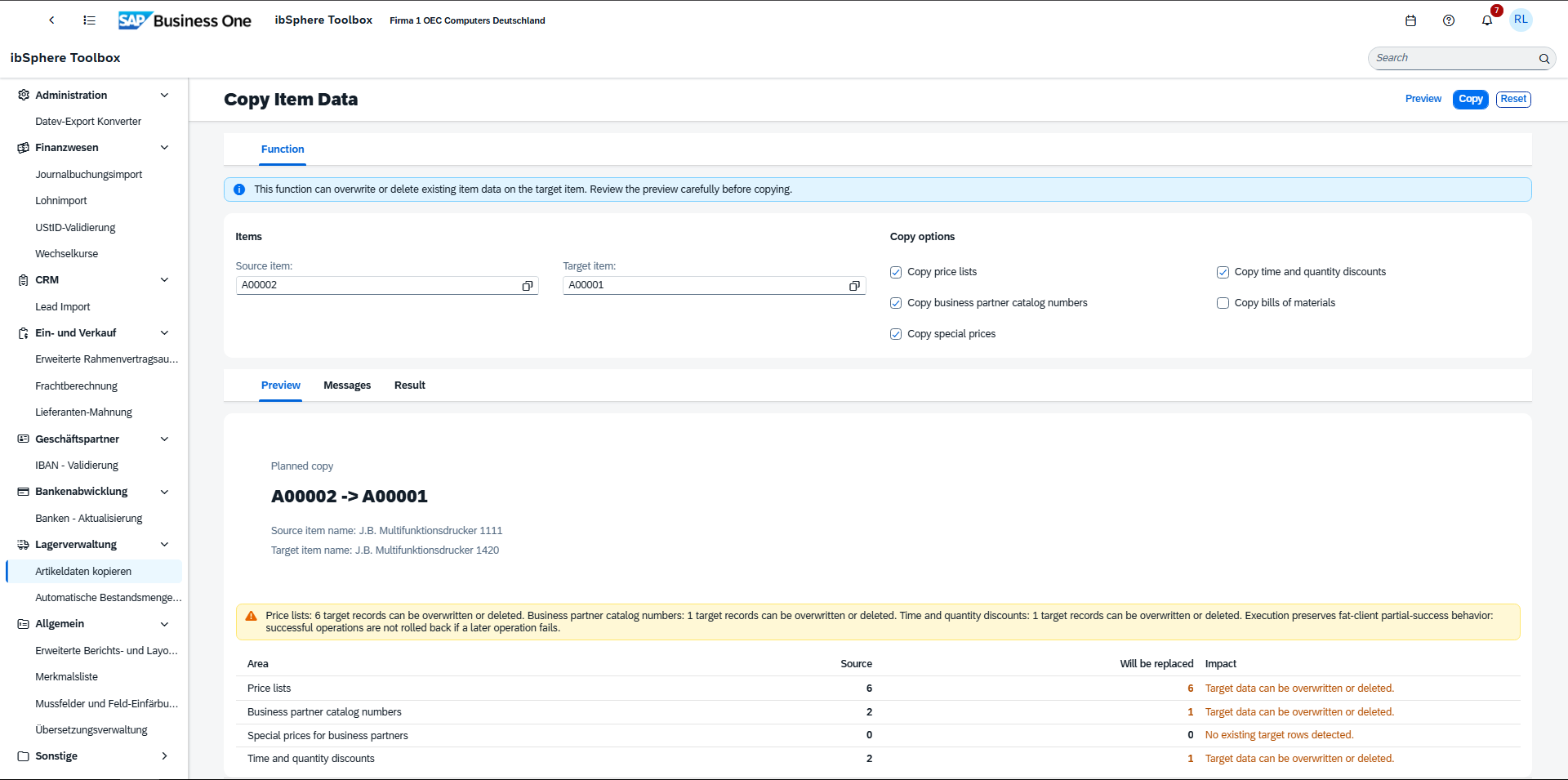 Copy item data preview in SAP Business One