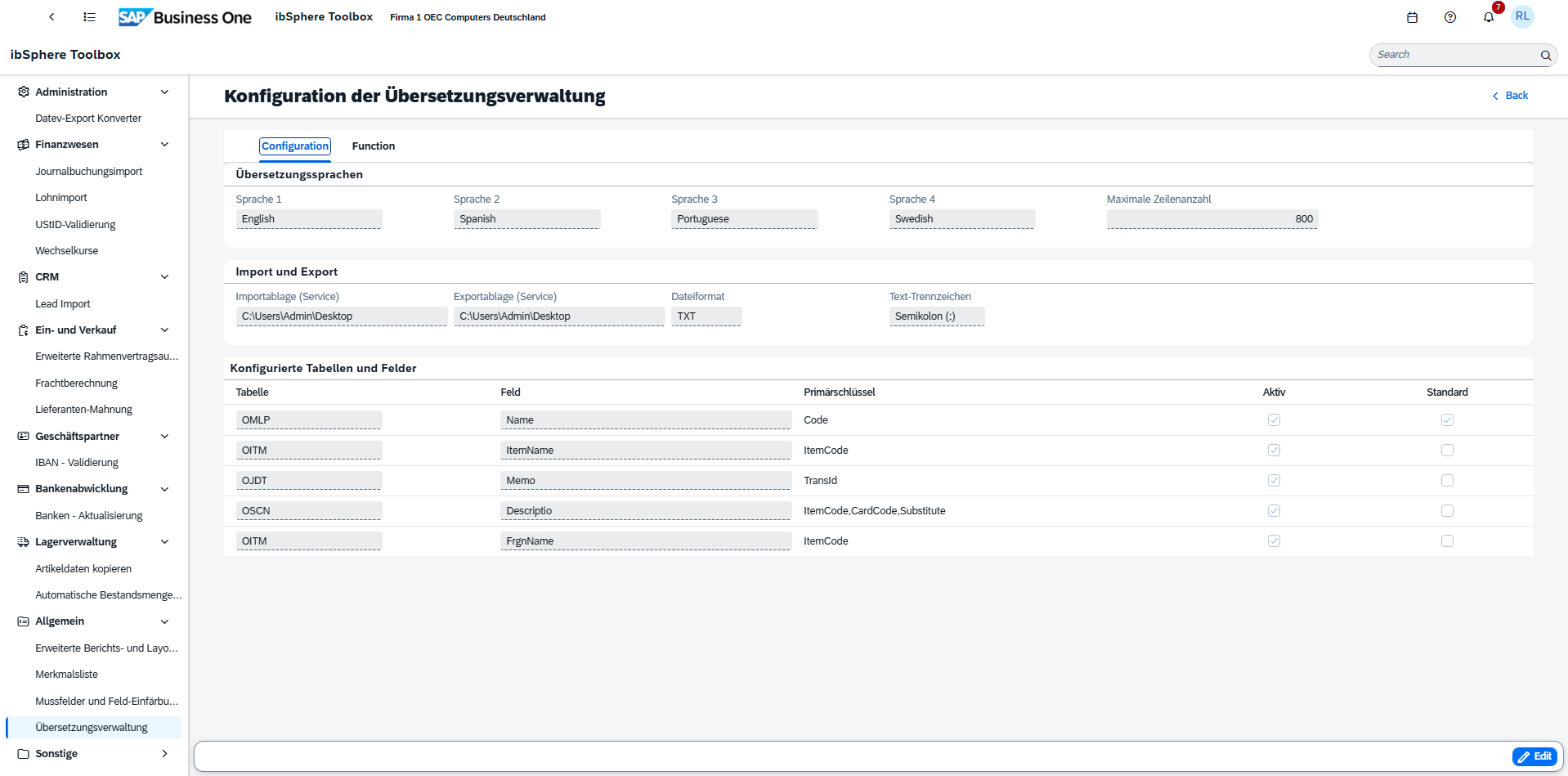 Translation management configuration in SAP Business One