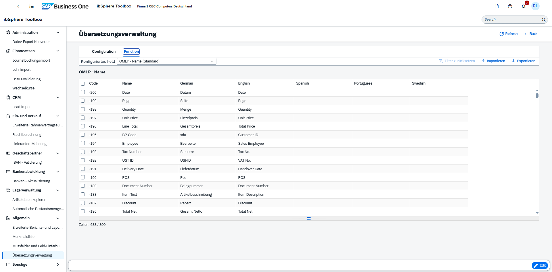 Multilingual field entries in SAP Business One translation management