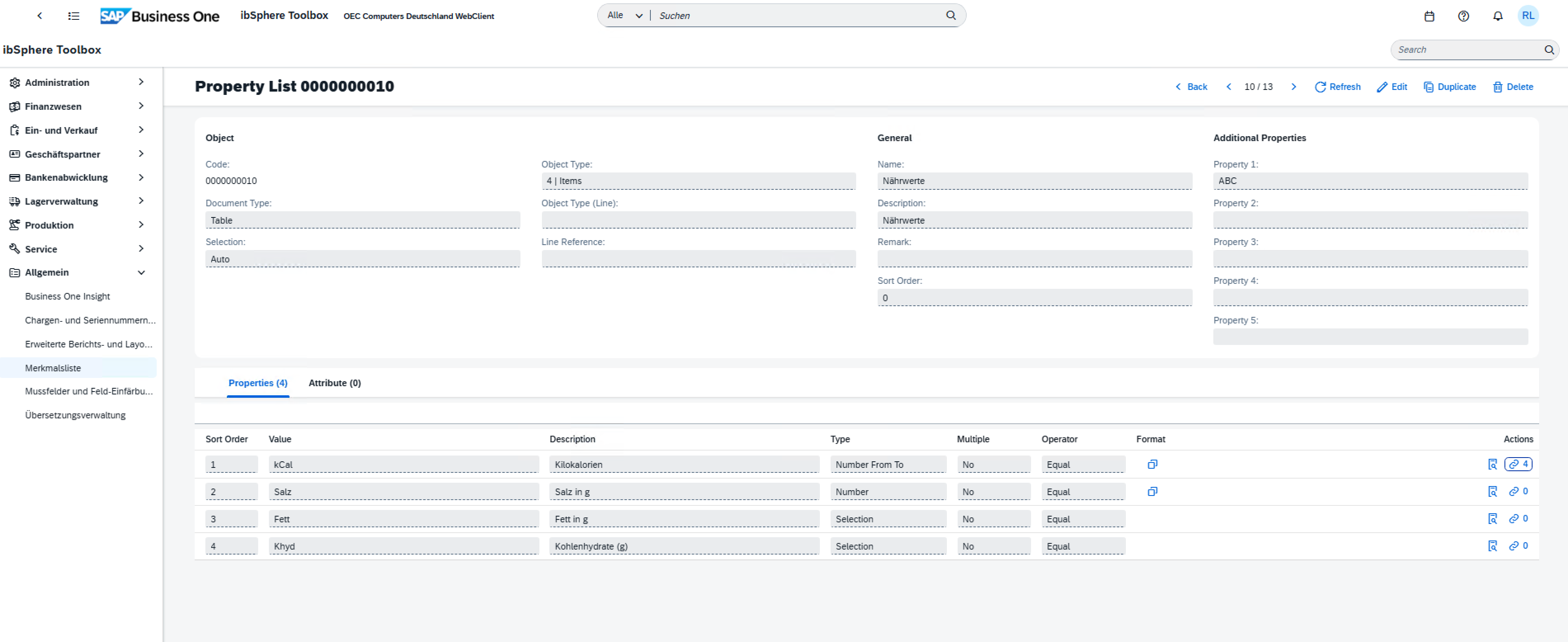 SAP Business One item property list configuration with nutritional fields and their types