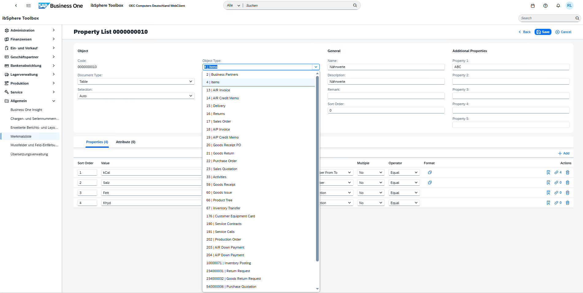 Property list object selection showing items, business partners, documents, production orders and service records