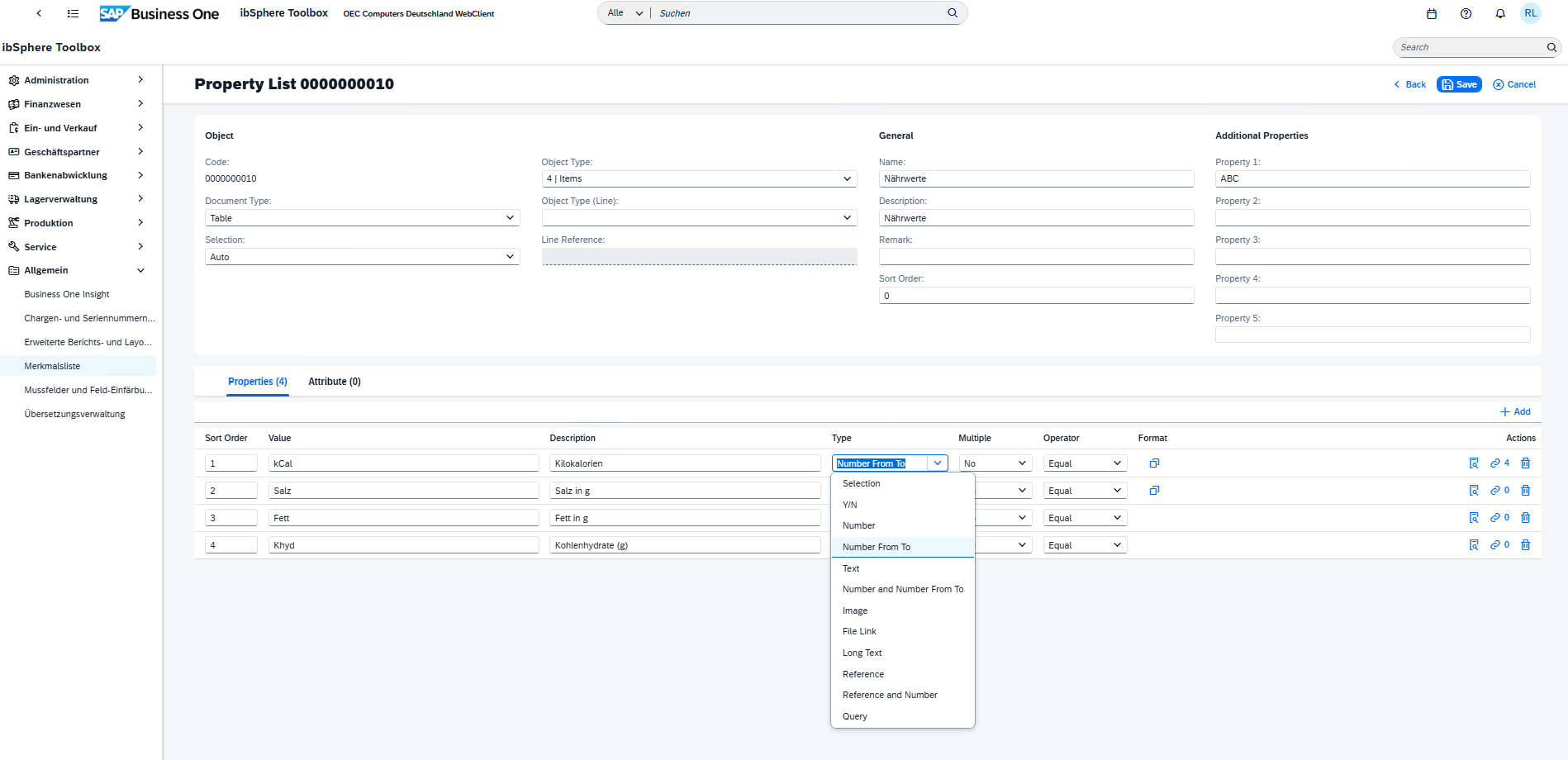 Property field type selection with text, numbers, ranges, yes/no values, images, file links and references