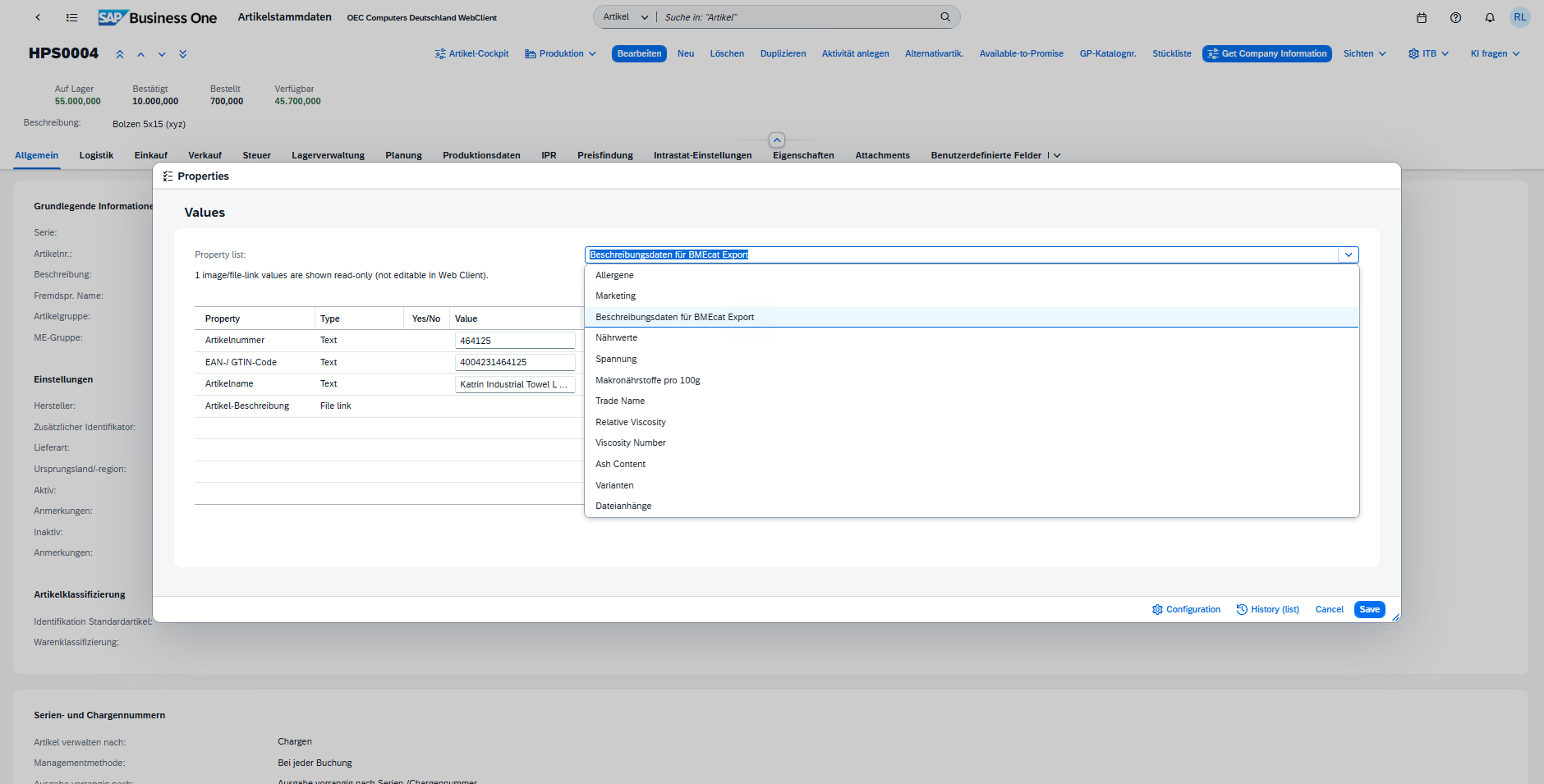 SAP Business One item properties dialog with selectable property lists and structured item values