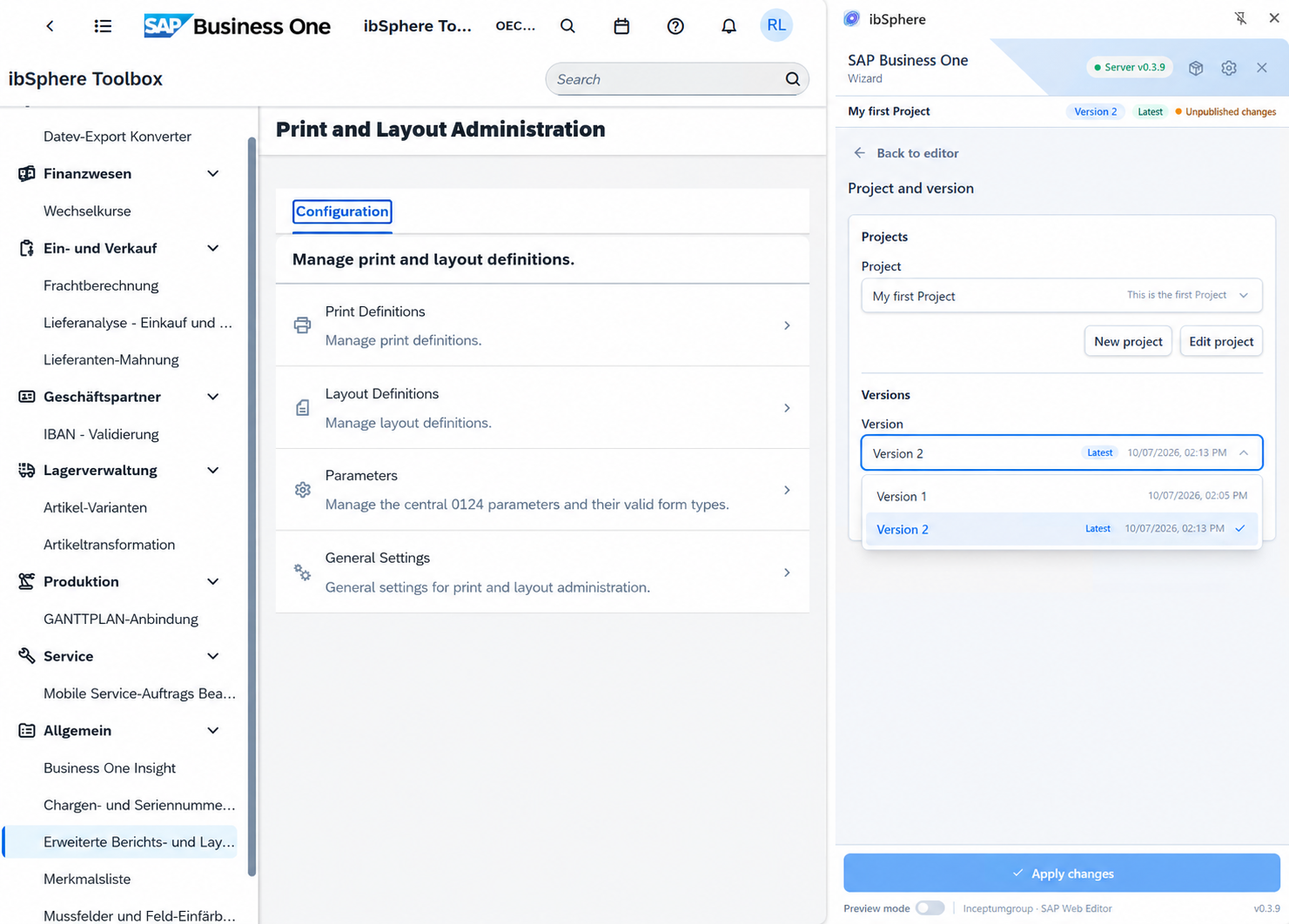 ibSphere wizard workspace for customising and extending the SAP Business One Web Client