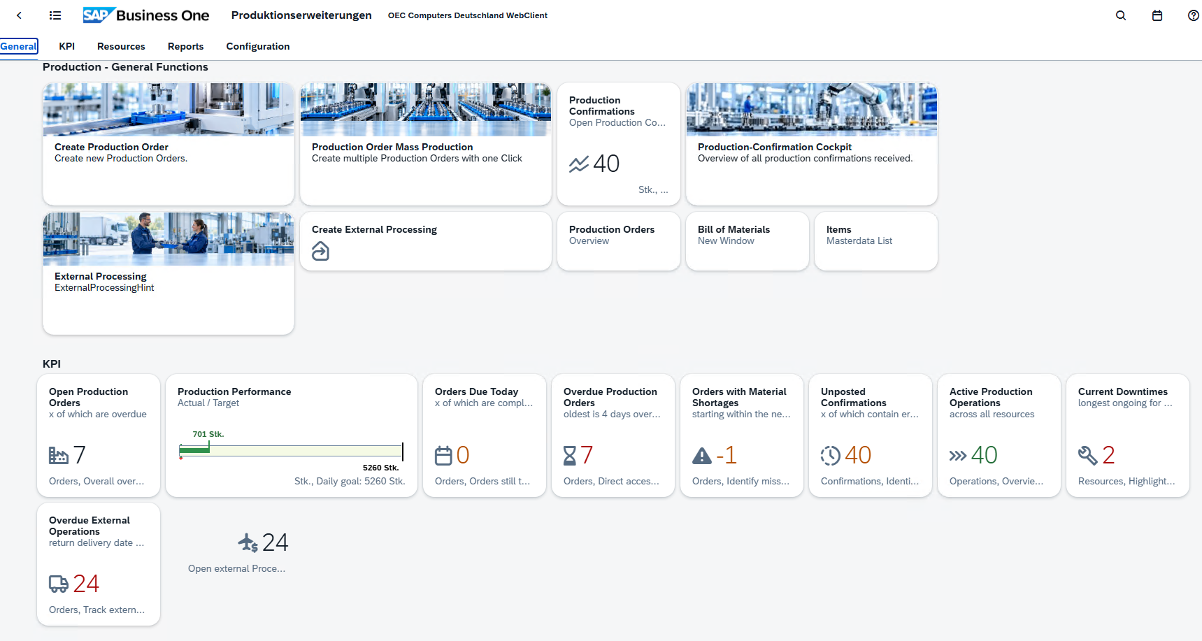 Manufacturing Suite workspace for production orders, confirmations, outsourced processing and production indicators