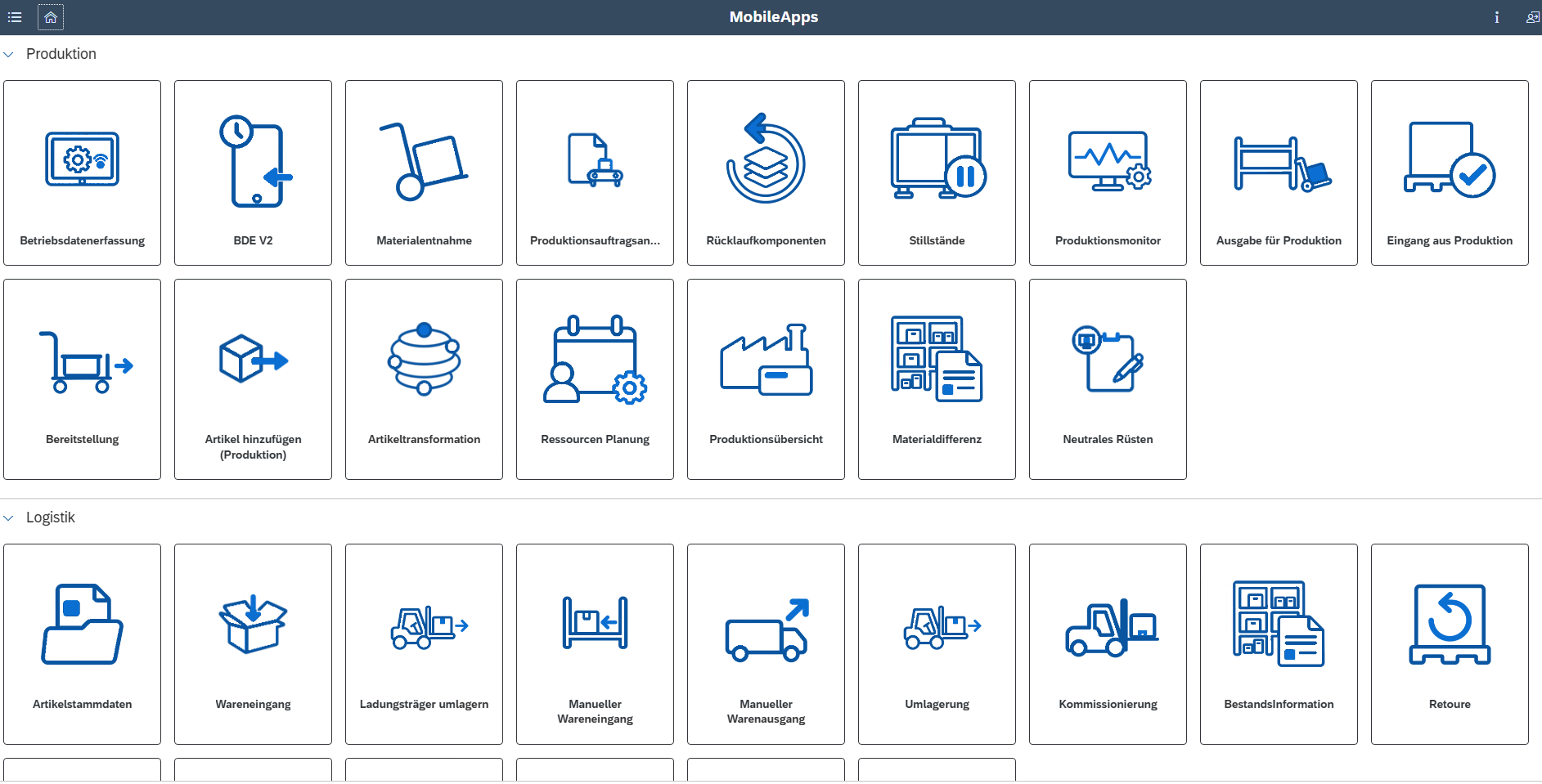 MobileApps menu with production and logistics workflows