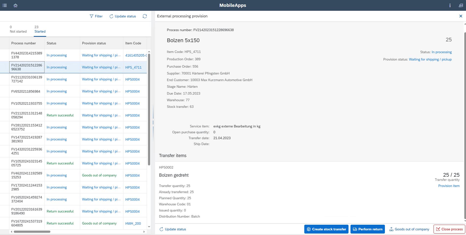 External processing provision with supplier, order and transfer details