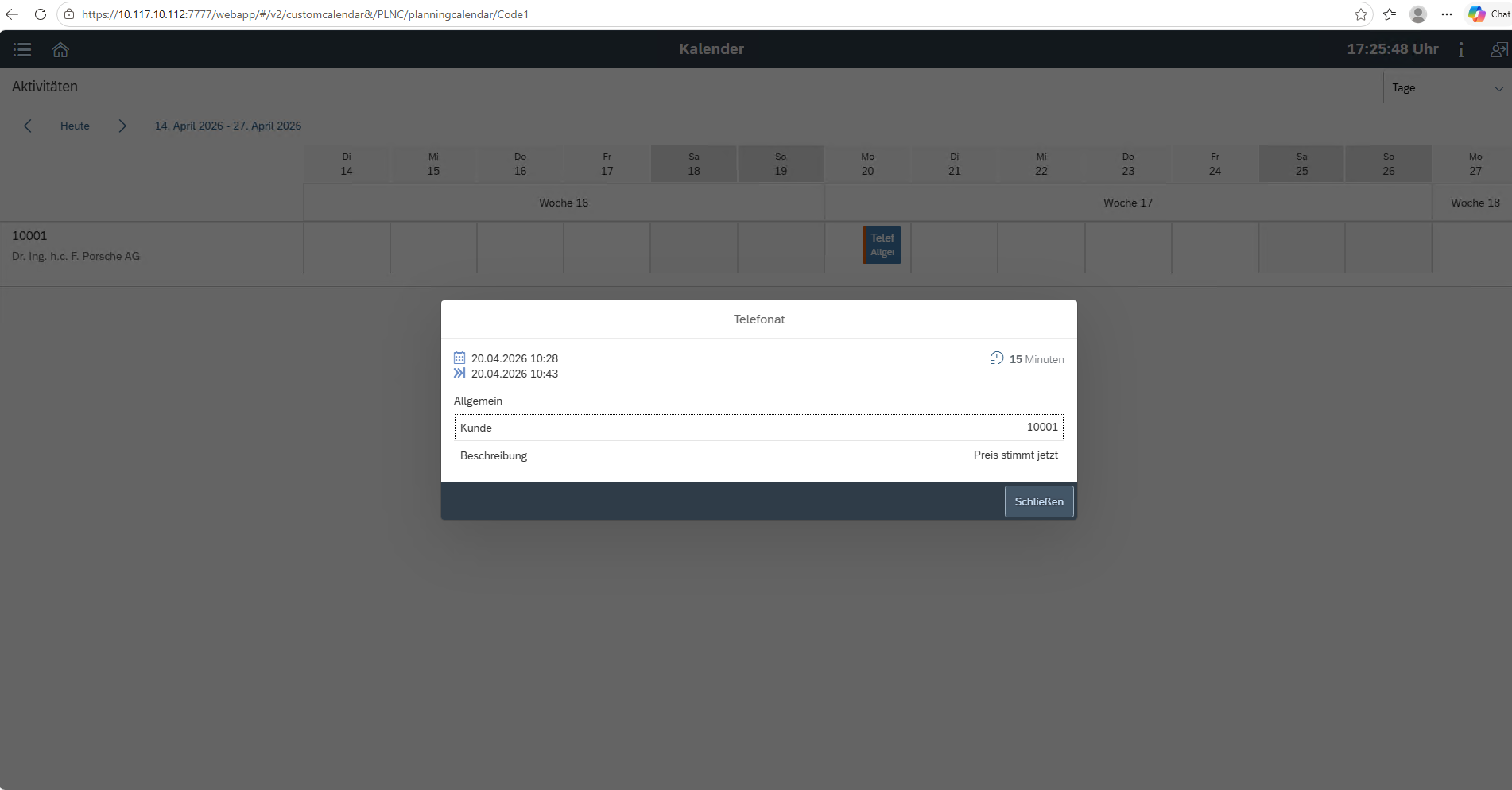 Mobile Suite activity calendar screen
