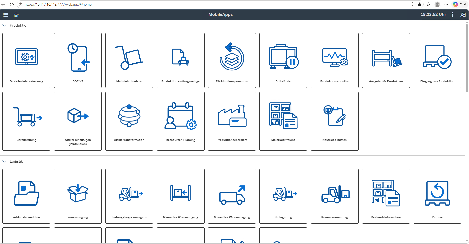 Mobile Suite production selection menu with freely selectable corporate identity icons