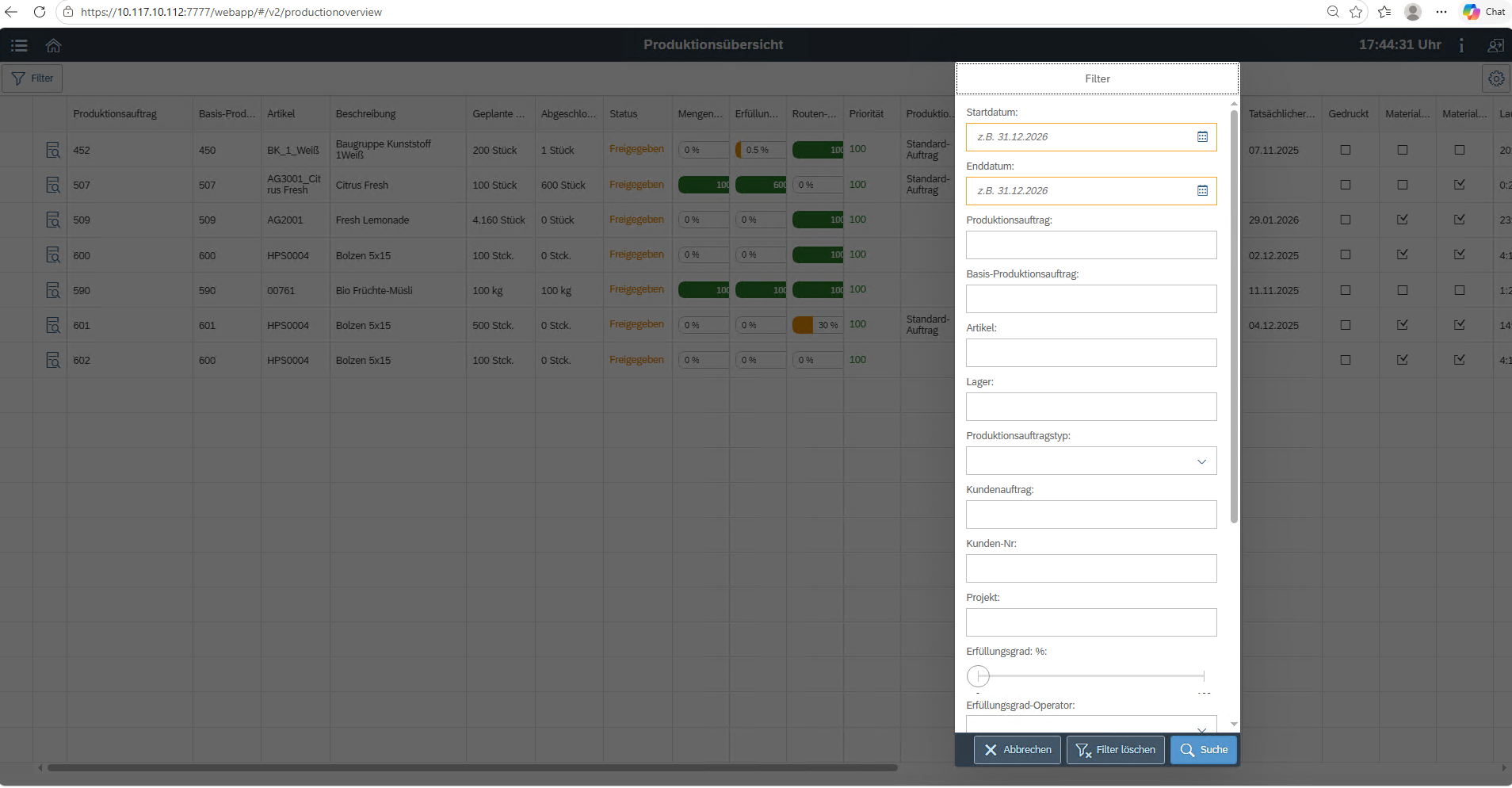 Mobile production overview screen
