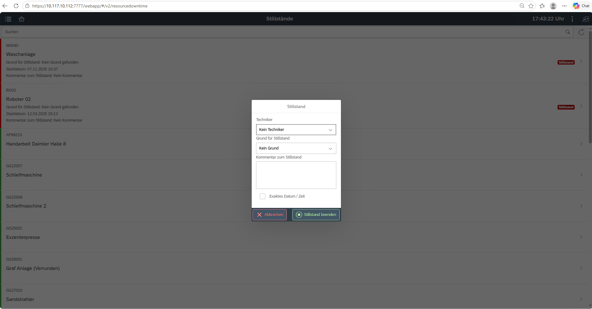 Mobile downtime recording screen