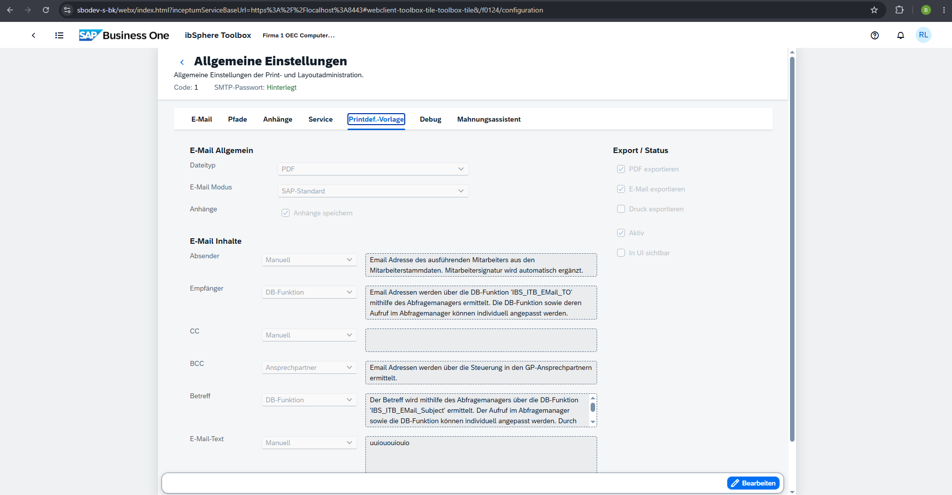 SAP Business One general settings with the Printdef.-Vorlage tab selected