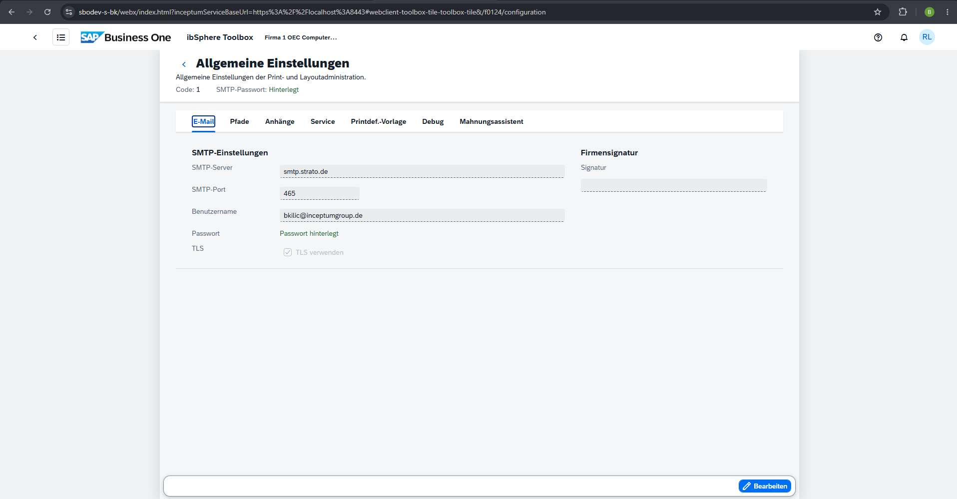 SAP Business One general settings showing SMTP and company signature fields