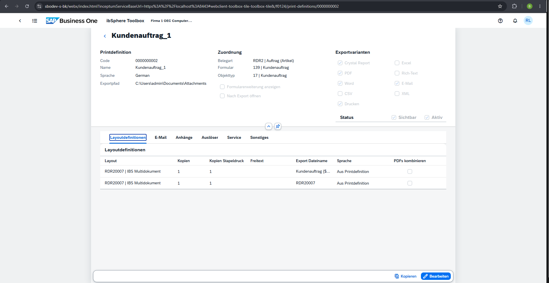 SAP Business One print definition overview with document assignment, export variants and layout definitions