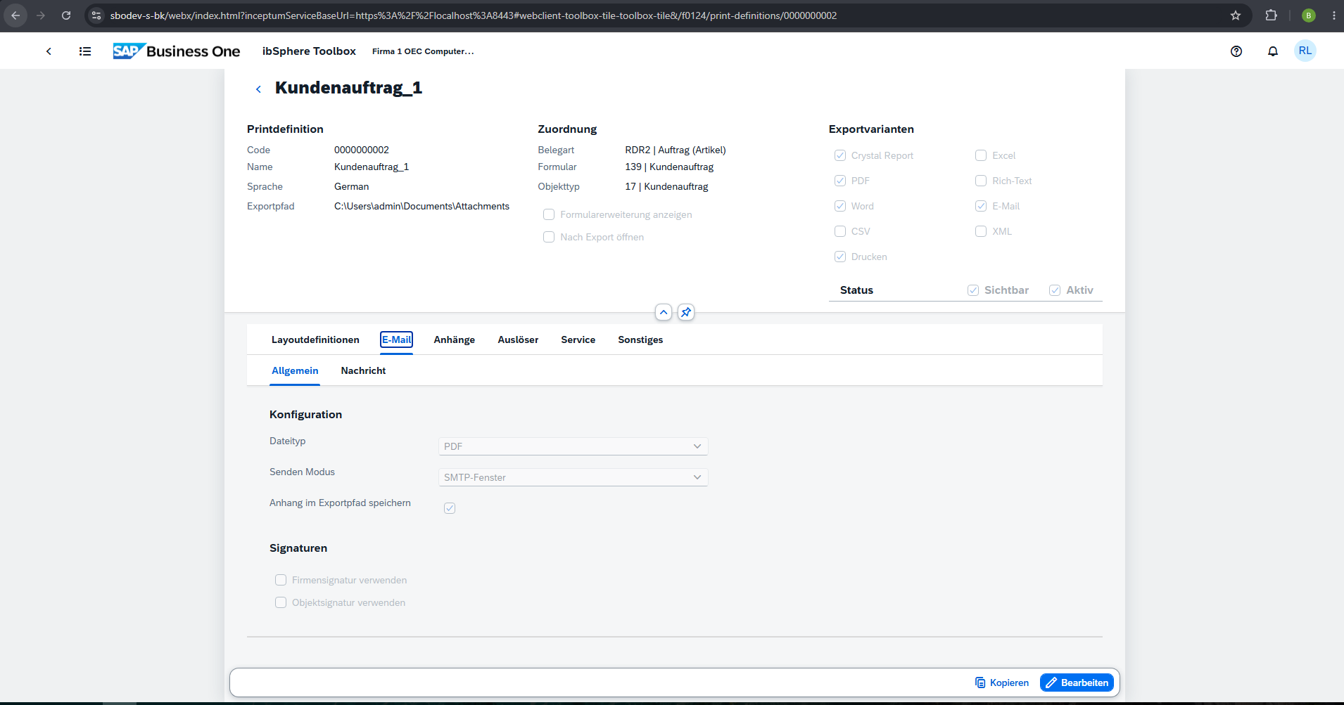 SAP Business One print definition email general settings with output and signature options