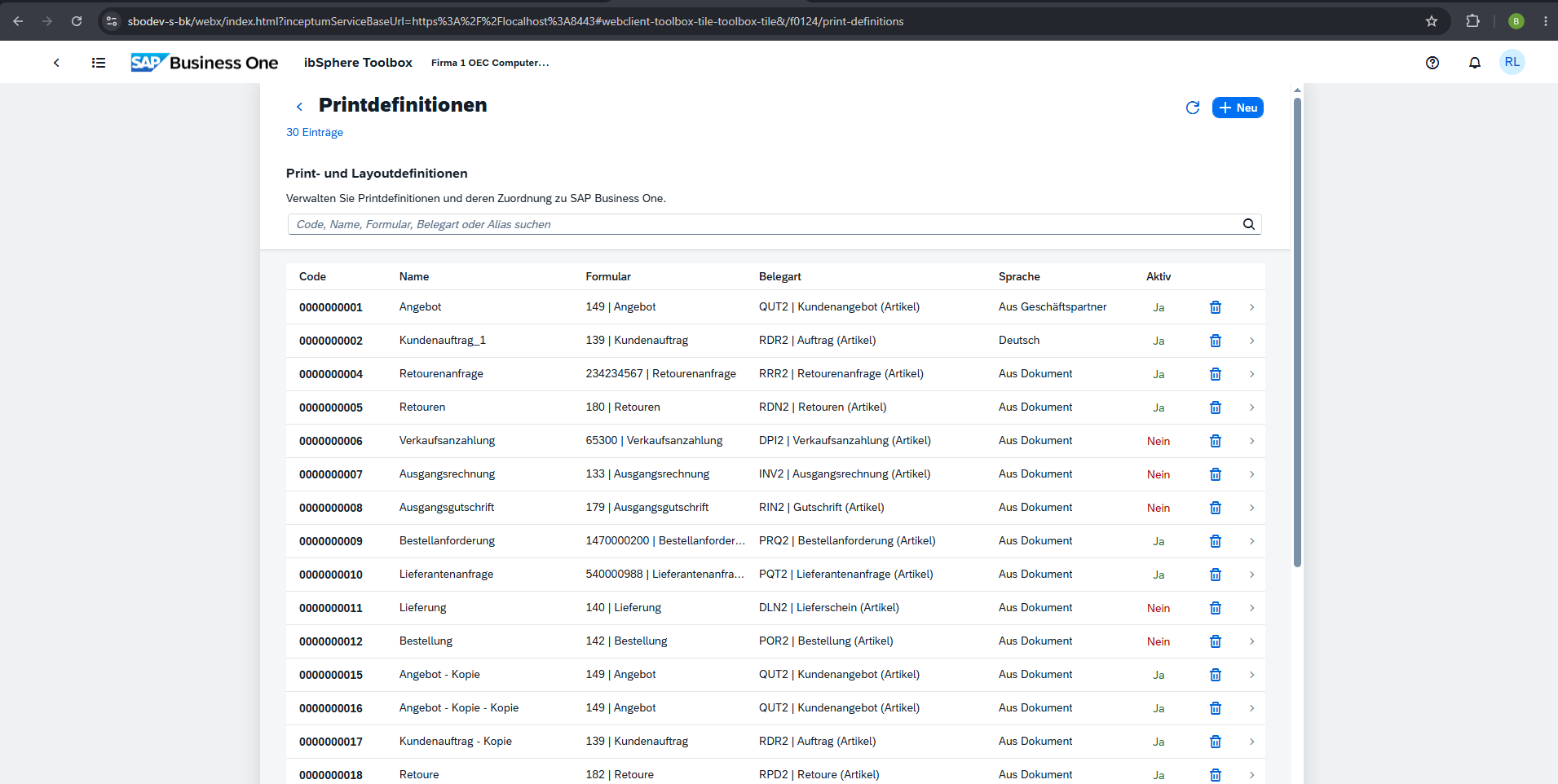SAP Business One print definitions list with searchable document entries