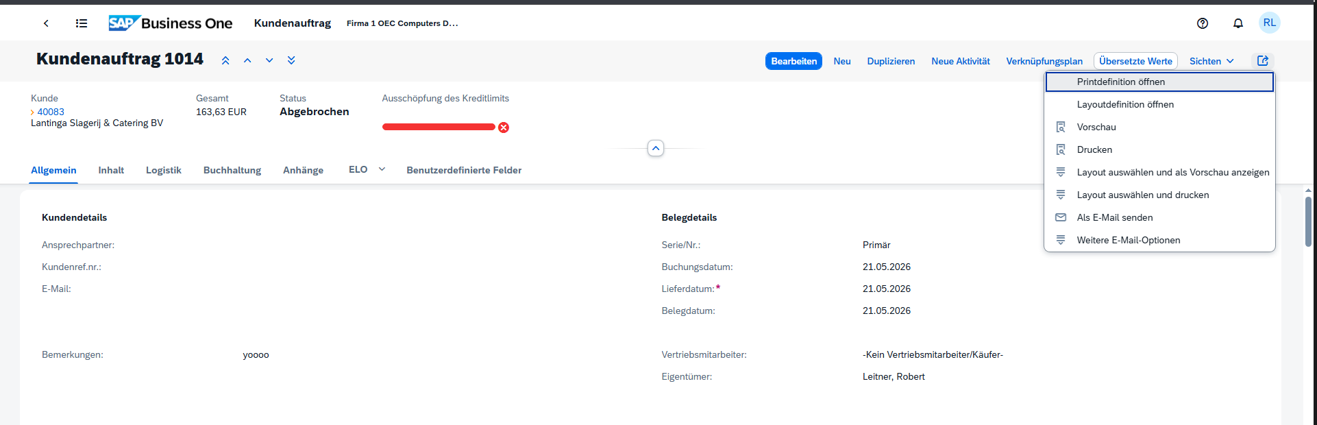 SAP Business One customer order screen with a menu to open print definitions, preview, print or send email