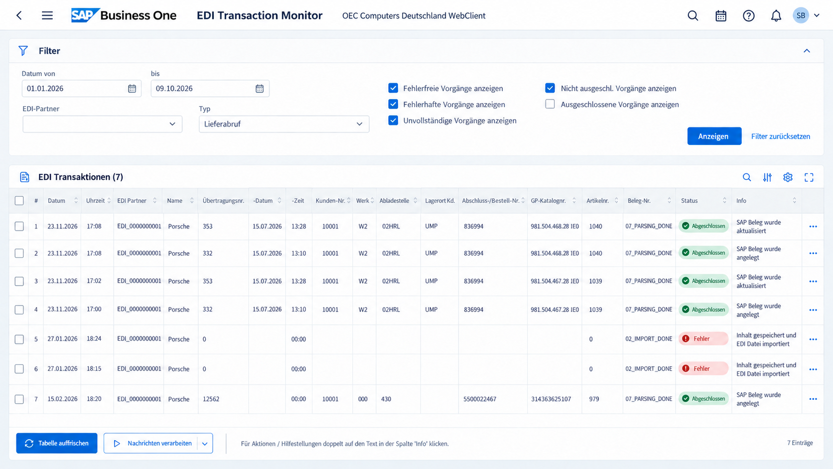 Modern EDI transaction monitor with filters, transaction records and status information