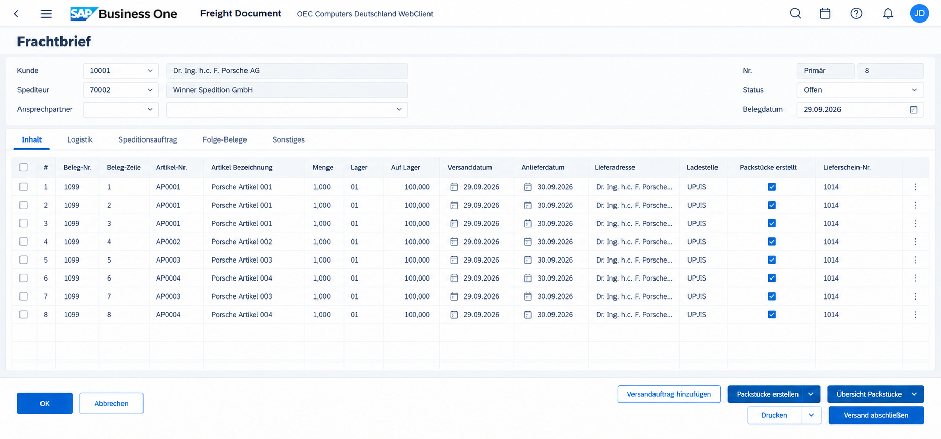 Modern freight document with shipping items, delivery dates, packing status and shipping actions