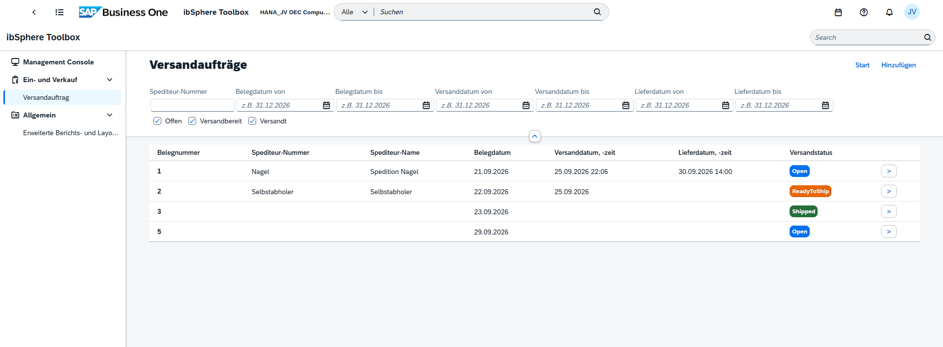 SAP Business One shipping order workspace with carrier, document and delivery-date filters plus shipping statuses
